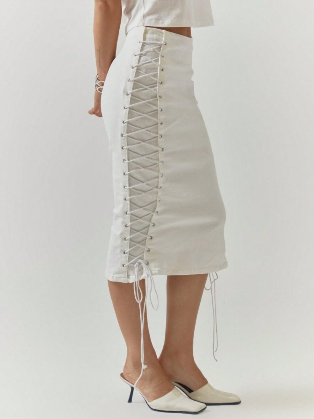 Beige Elegant Women's Stretch Denim Lace Up Skirt - Picture 4 of 5